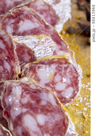 Dried pork sausage with white mold and spices Dried pork sausage with white mold and spices 98813968