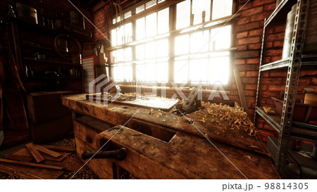 Traditional old carpenter workshop interior 98814305