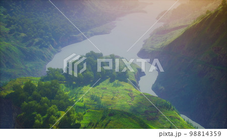 An aerial view of tropical rainforest in the morning misty 98814359