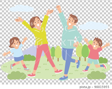 A cheerful family of four jumping happily in the mountains 98815955