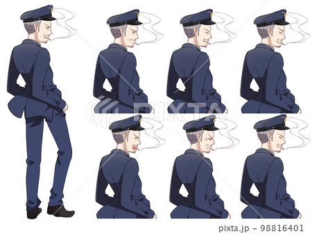 煙草を吸っている警察官のおじさんの立ち絵、表情セット 98816401