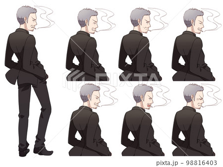 煙草を吸っているスーツを着たおじさんの立ち絵、表情セット 98816403