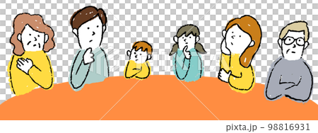 テーブルに集まってそれぞれに考え事をしている家族のイラスト 98816931