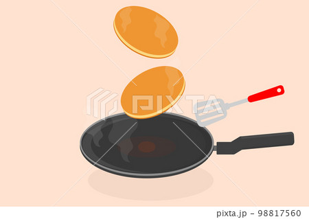 pancake in a frying pan in the kitchen preparing delicious big ones on a butter dish vector illustration pancake in a frying pan in the kitchen preparing delicious big ones on a butter dish vector illustration 98817560