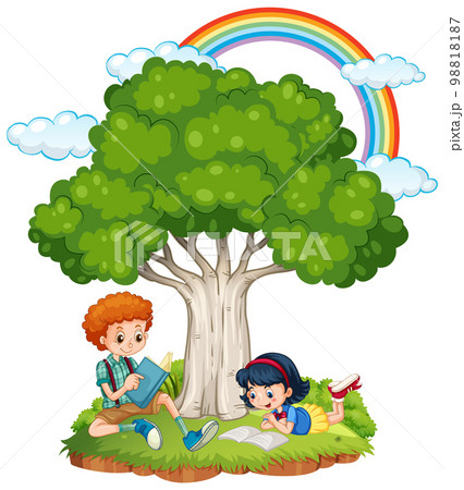 Children doing homework under the treeのイラスト素材 [98818187] - PIXTA
