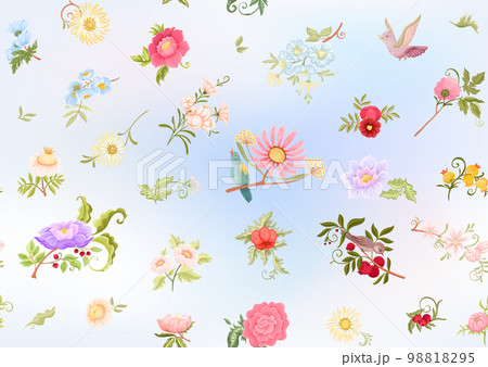 Fantasy flowers and birds in retro, vintage, jacobean embroidery style. Fantasy flowers and birds in retro, vintage, jacobean embroidery style. 98818295