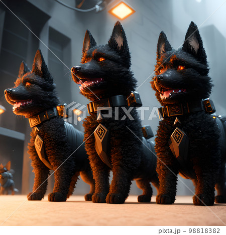 A tiny assembly of cool black tactical canines engaged in conflict on city rubble. AI generated 98818382