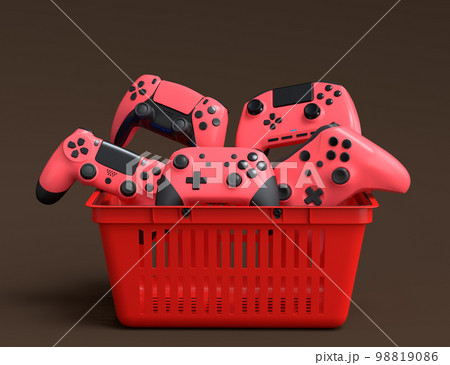 Set of gamer joysticks or gamepads in plastic basket on dark background Set of gamer joysticks or gamepads in plastic basket on dark background 98819086