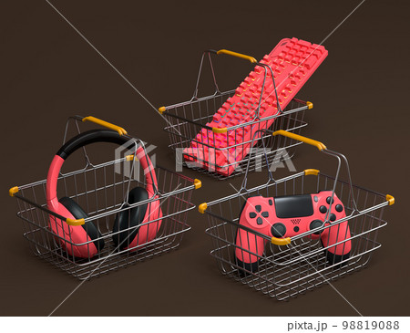 Gamer gears like mouse, keyboard, joystick, headset, VR in metal wire basket 98819088