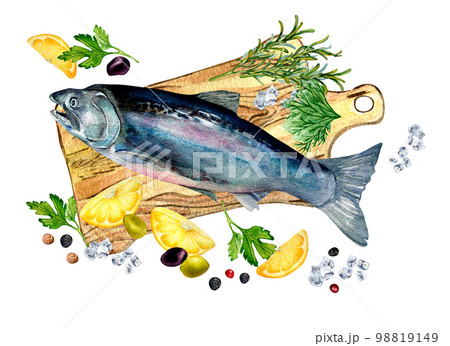 Set of trout, lemon, herbs on cutting board watercolor illustration isolated on white. 98819149