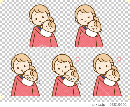 お宮参りの産着をつけた親子のイラスト素材セット赤い着物 98819691