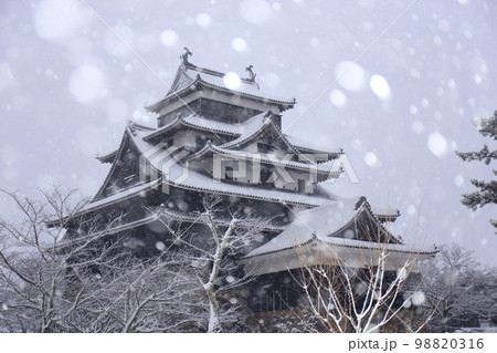 雪が舞う島根県松江市の国宝松江城 雪が舞う島根県松江市の国宝松江城 98820316