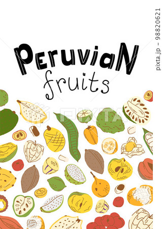Illustrated vertical lettering Peruvian fruits with fruits and berries in flat style. Whole and cut fruits Illustrated vertical lettering Peruvian fruits with fruits and berries in flat style. Whole and cut fruits 98820621