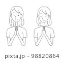 手を合わせて祈る若い女性-線画-1色 98820864