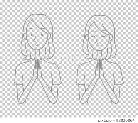 Young woman praying with her hands together-line drawing-1 color 98820864