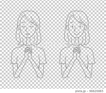 雙手合十祈禱的年輕女子 - 線條畫 - 1 種顏色 雙手合十祈禱的年輕女子 - 線條畫 - 1 種顏色 98820865