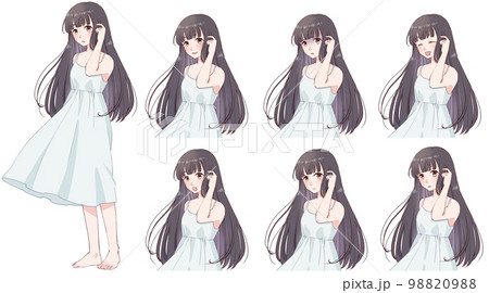 裸足で佇む黒髪の女性の立ち絵、表情セット 98820988