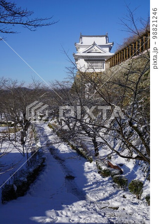 岡山県津山市にあるさくら名所100選のひとつ「鶴山公園（津山城趾）」：雪景色 98821246