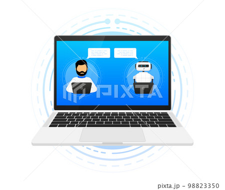 Chatbot Support concept. Human communication with chatbot in computer. Online messaging with virtual bots. Vector illustration. 98823350