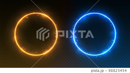 Neon circle frames, glowing round borders with smoke and sparkles, ice and fire portals concep 98823454