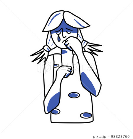 Sad girl, emotion of melancholy. Sadness teenager mood half body drawing, mourning adolescent with tears, crying melancholy of female child. Line art with blue spots. 98823760