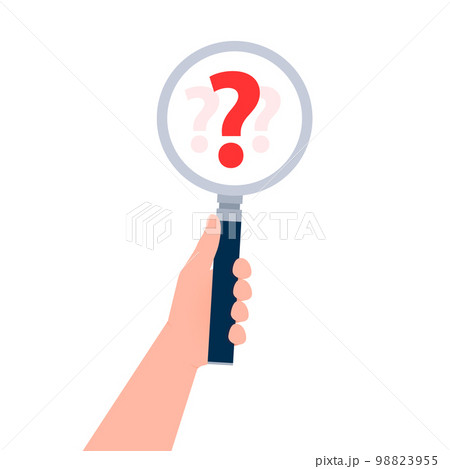 Searching solutions and asking for help. Question mark in a magnifying glass. 98823955