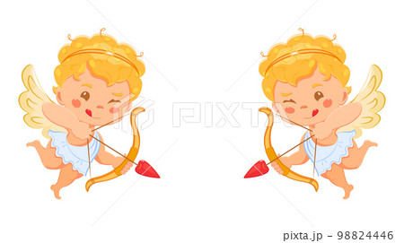 Two cute angels with bow and arrow for Valentine Day. The symbol of lovers. Vector illustration of flying cupids for postcard Two cute angels with bow and arrow for Valentine Day. The symbol of lovers. Vector illustration of flying cupids for postcard 98824446