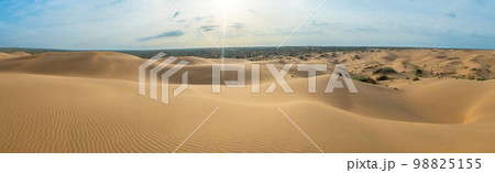 Panorama 180 of the desert in spring from a bird's eye view. Sand dunes in the Kyzylkum desert. Soft lighting in cloudy weather before rain 98825155