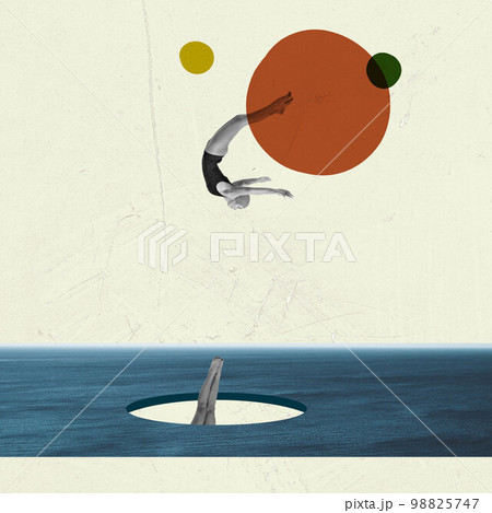 Contemporary art collage with young slim woman in swimming suit diving into sea water over light background. Summertime holiday. Minimalism. Retro style 98825747