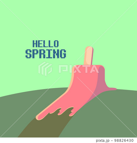 vector hello spring vintage concept illustration with flat melt ice cream isolated on green background. Springtime background or banner. Hello march graphic design template 98826430