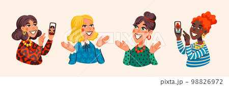 Girl bloger. Young woman taking selfie or recording video for social media with smartphone. Happy female character with mobile phone. Blogger or vlogger cartoon character making internet content 98826972