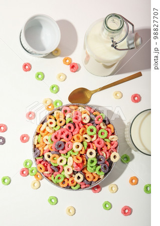 Concept of breakfast food, colorful corn flakes, top view 98827707
