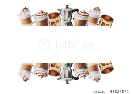 Watercolor frame with coffee making tools. Latte, espresso, americano, cappuchino, raff, mocha. Hand painting on isolated background. For designers, menu, shop, bar, bistro, restaurant, for postcards Watercolor frame with coffee making tools. Latte, espresso, americano, cappuchino, raff, mocha. Hand painting on isolated background. For designers, menu, shop, bar, bistro, restaurant, for postcards 98827876