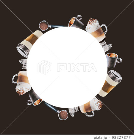 Watercolor frame with coffee making tools. Latte, espresso, americano, cappuchino, raff, mocha. Hand painting on isolated background. For designers, menu, shop, bar, bistro, restaurant, for postcards Watercolor frame with coffee making tools. Latte, espresso, americano, cappuchino, raff, mocha. Hand painting on isolated background. For designers, menu, shop, bar, bistro, restaurant, for postcards 98827877