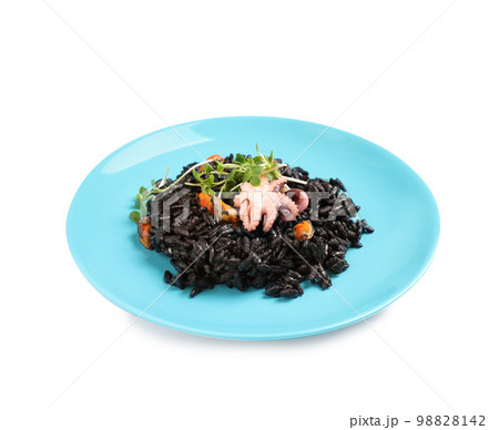 Delicious black risotto with seafood isolated on white Delicious black risotto with seafood isolated on white 98828142