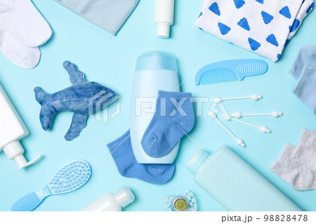 Concept of baby or childrens cosmetics, top view Concept of baby or childrens cosmetics, top view 98828478