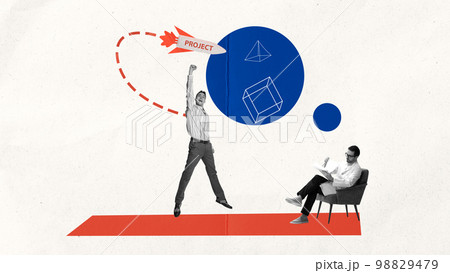 Contemporary art collage about young man meeting with professional psychologist. Concept of modern millennial lifestyle, mental health, psychological help, support Contemporary art collage about young man meeting with professional psychologist. Concept of modern millennial lifestyle, mental health, psychological help, support 98829479