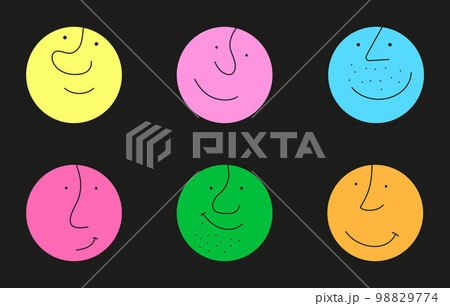 Funny round faces icon set vector in cartoon style. Colorful circle grimace character 98829774