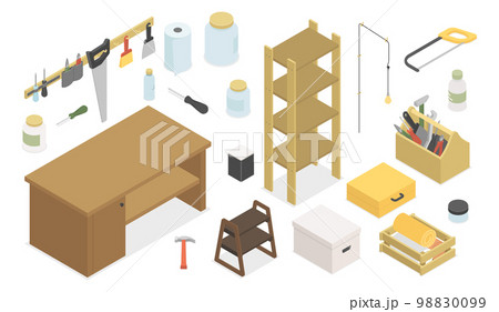 Carpentry workshop - modern vector colorful isometric illustrations set 98830099
