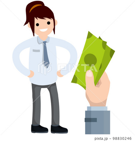 Office woman worker in suit and tie. successful business woman. Rich girl. Cartoon flat illustration. Big hand with green money salaries 98830246