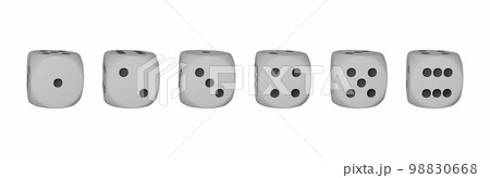 White casino 3D game dice render set, realistic rolling cube on white, playing square with dots.  98830668