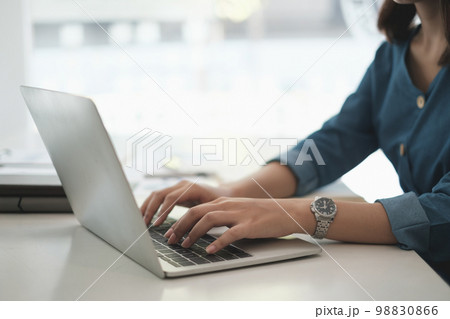 E-learning ,online ,education and internet social distancing protect from COVID-19 viruses concept. Asian woman student video conference e-learning with teacher on laptop computer at home. 98830866