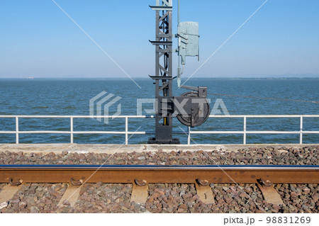 The wire control wheel of the signal post in the railway bridge. The wire control wheel of the signal post in the railway bridge. 98831269