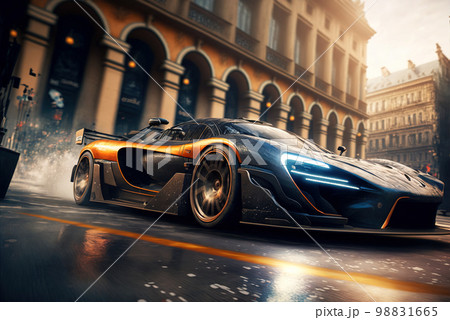 Racing sports car drifting on city street, luxury car in smoke from burning tires, generative AI. Racing sports car drifting on city street, luxury car in smoke from burning tires, generative AI. 98831665
