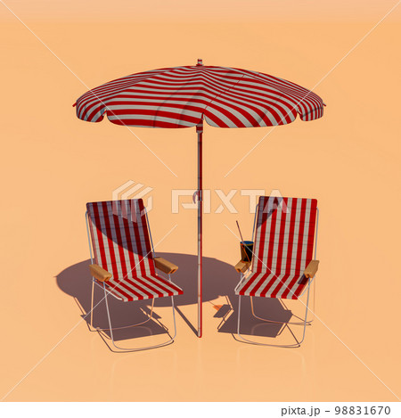 Summer vacation concept. Beach umbrella, chairs and cocktail on orange background. 3d rendering 98831670