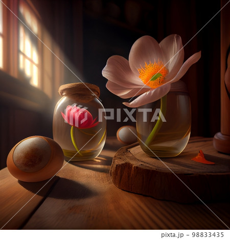 Still life with flowers in glass jars and an egg, on a wooden table by the window 98833435