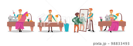 Man Dressmaker or Tailor Sewing for His Customers Vector Set 98833493