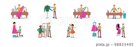 Man Dressmaker or Tailor Sewing for His Customers Vector Set Man Dressmaker or Tailor Sewing for His Customers Vector Set 98833495