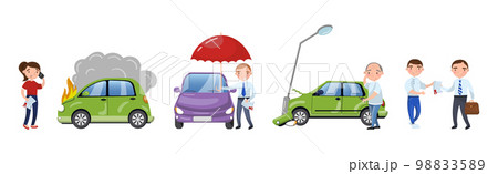 Car Insurance with People Engaged in Different Cases of Vehicle Damage and Agent Vector Set 98833589