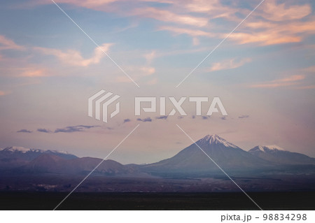 Licancabur and dramatic volcanic landscape at Sunset, Atacama Desert, Chile 98834298